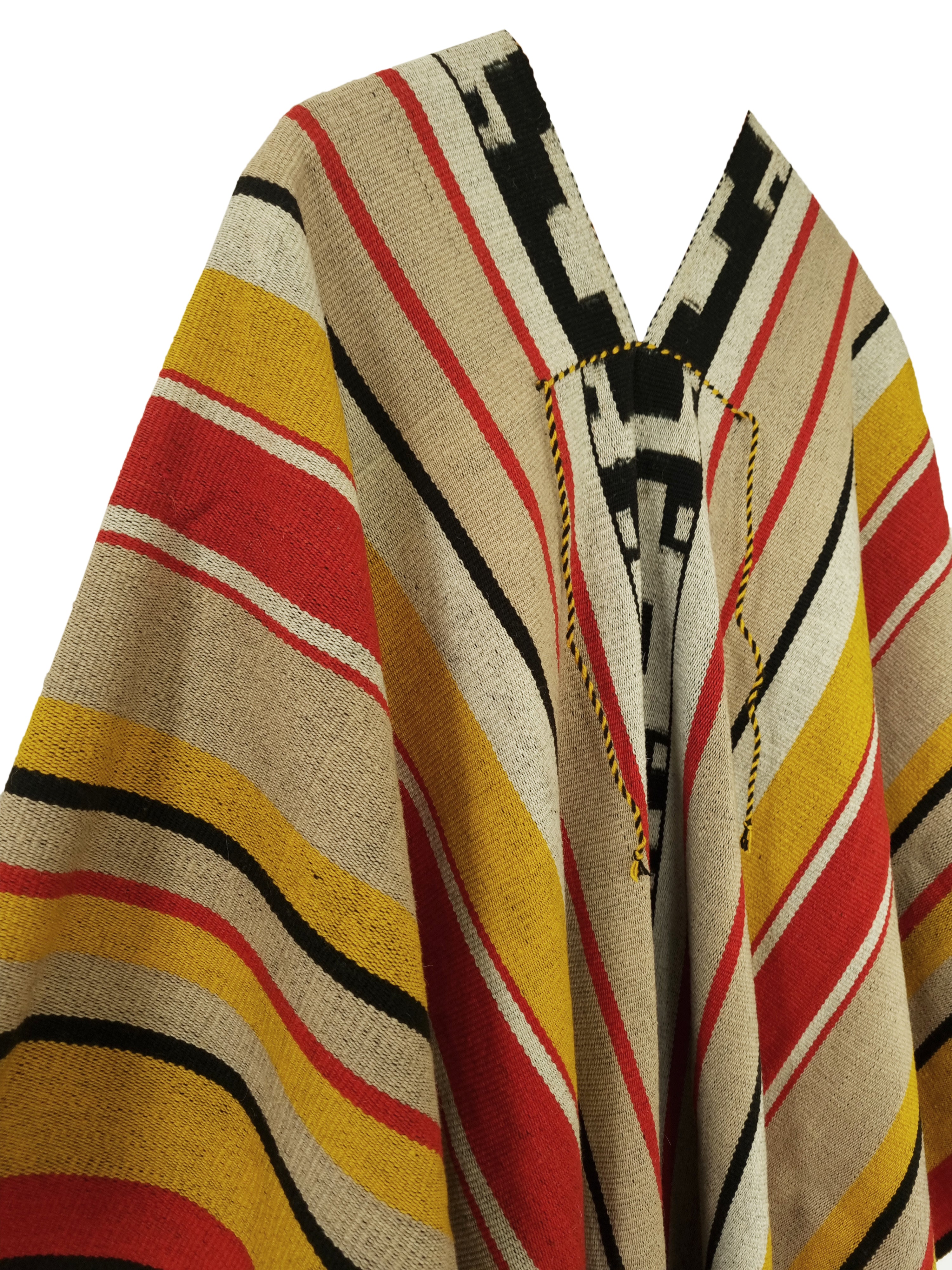 Close-up of Loro Huasi Pampa poncho with red, yellow and black stripes