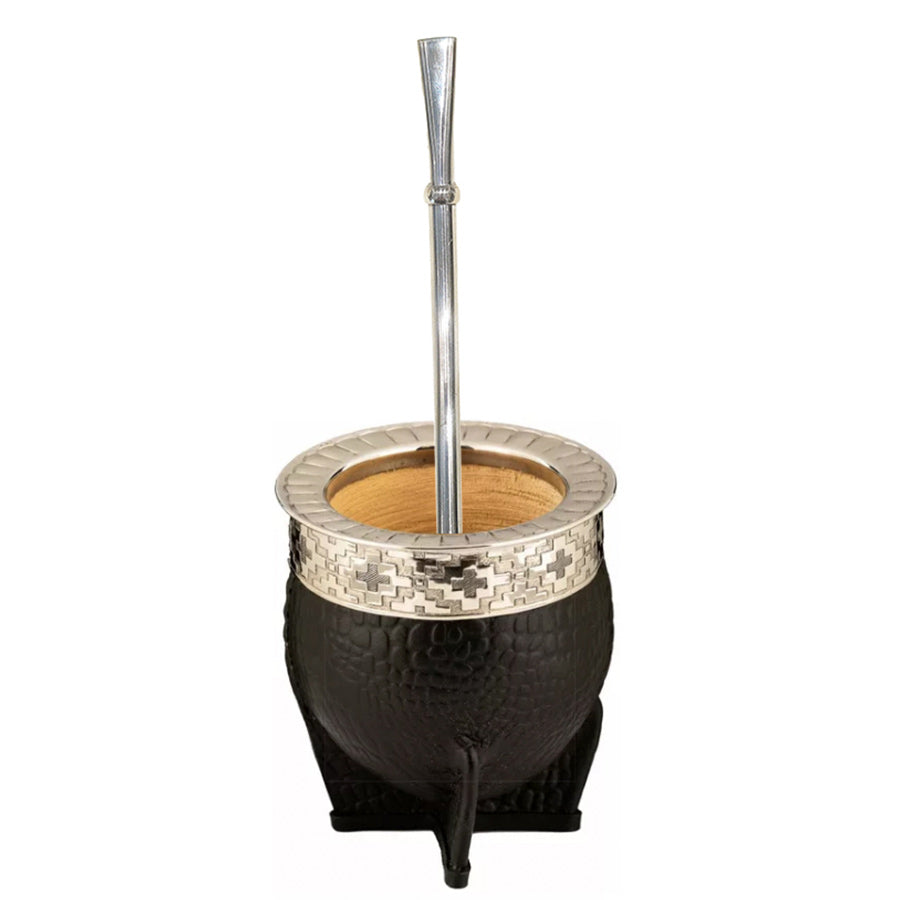 Leather-lined gourd mate and nickel silver bombilla set