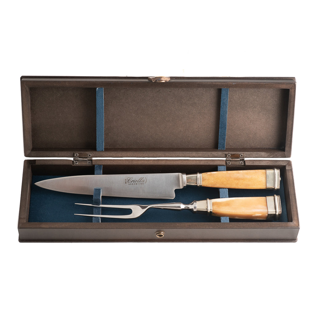 Yellow Angus Argentine carving set with knife and carving fork