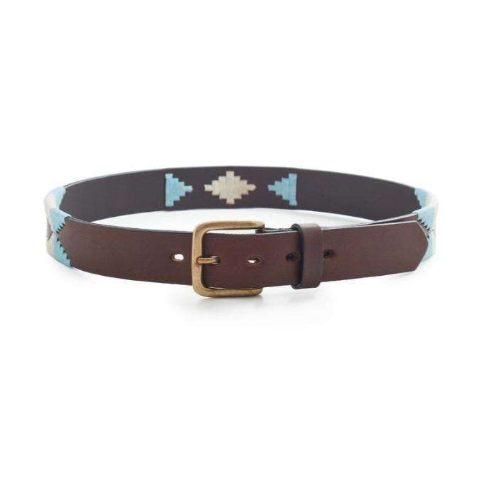 Argentina Pampa leather polo belt with light blue and cream geometric pattern