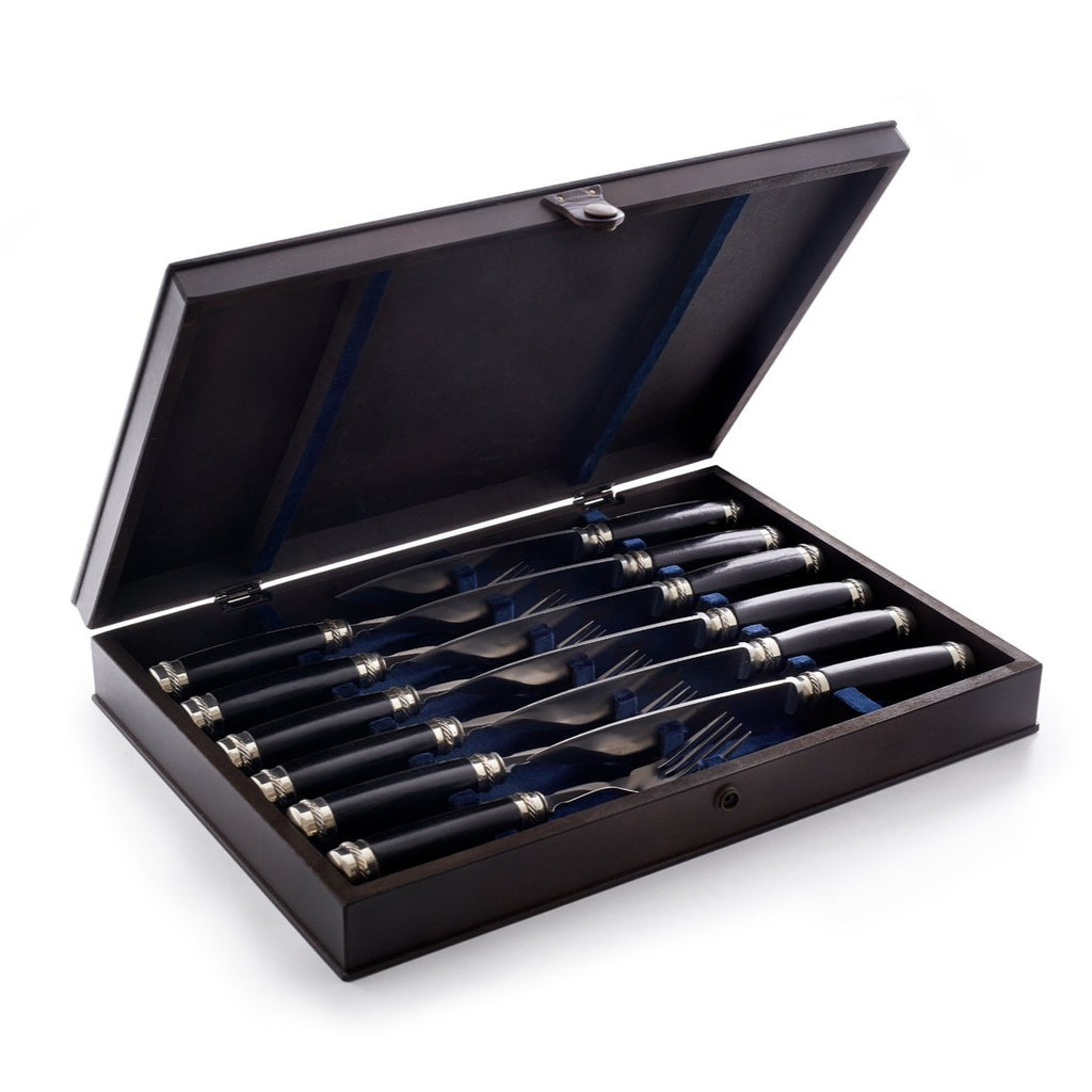 Black Patagonula 12-piece steak cutlery set in wooden case