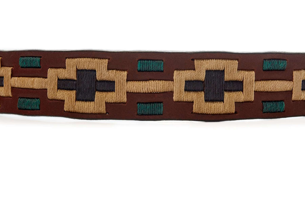 Brown leather polo belt with Azteca-inspired detail and metal buckle
