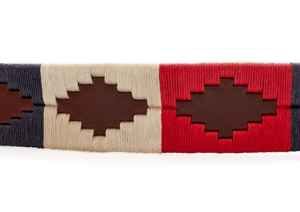 Brown leather polo belt with Soshon geometric design and metal buckle