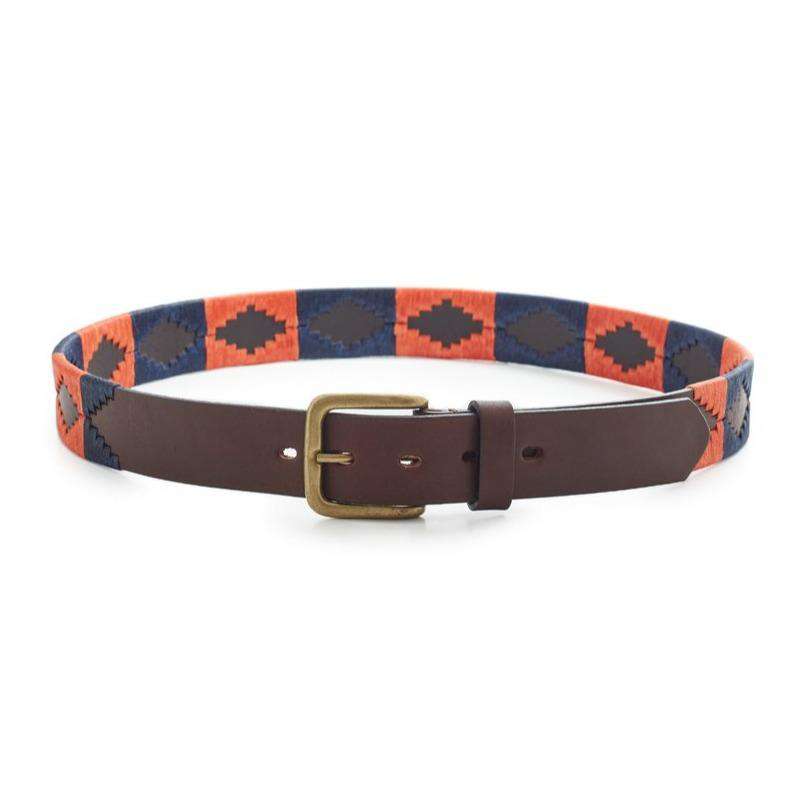 Estambul Soshon Argentine leather polo belt with coral and navy geometric pattern