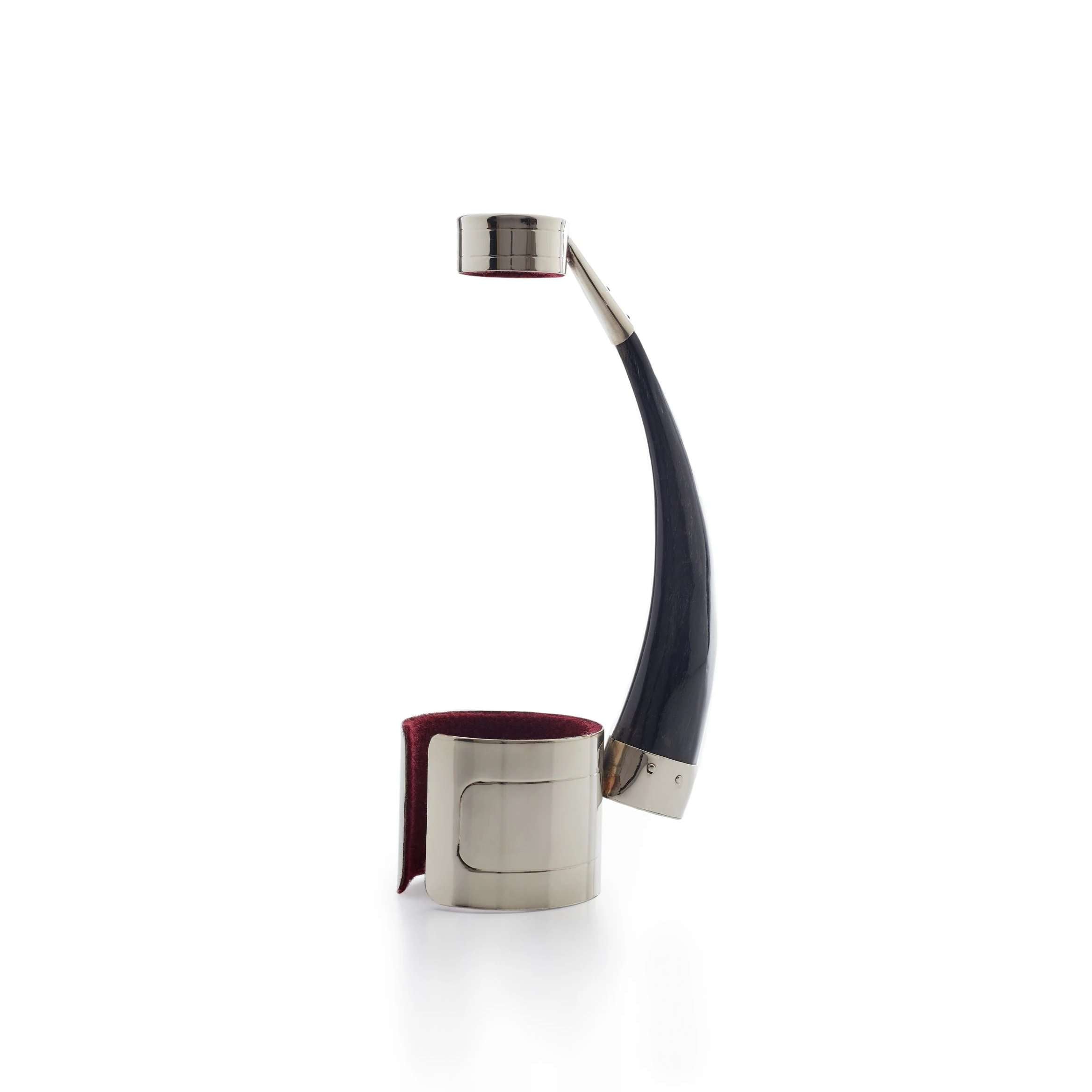 Goat horn and nickel silver wine bottle holder