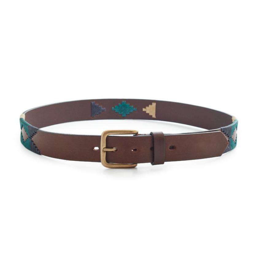 Irish Pampa Argentine leather polo belt with turquoise and beige geometric pattern